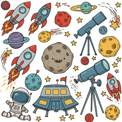 Whimsical illustration of rockets, planets, telescopes, and an astronaut exploring space.