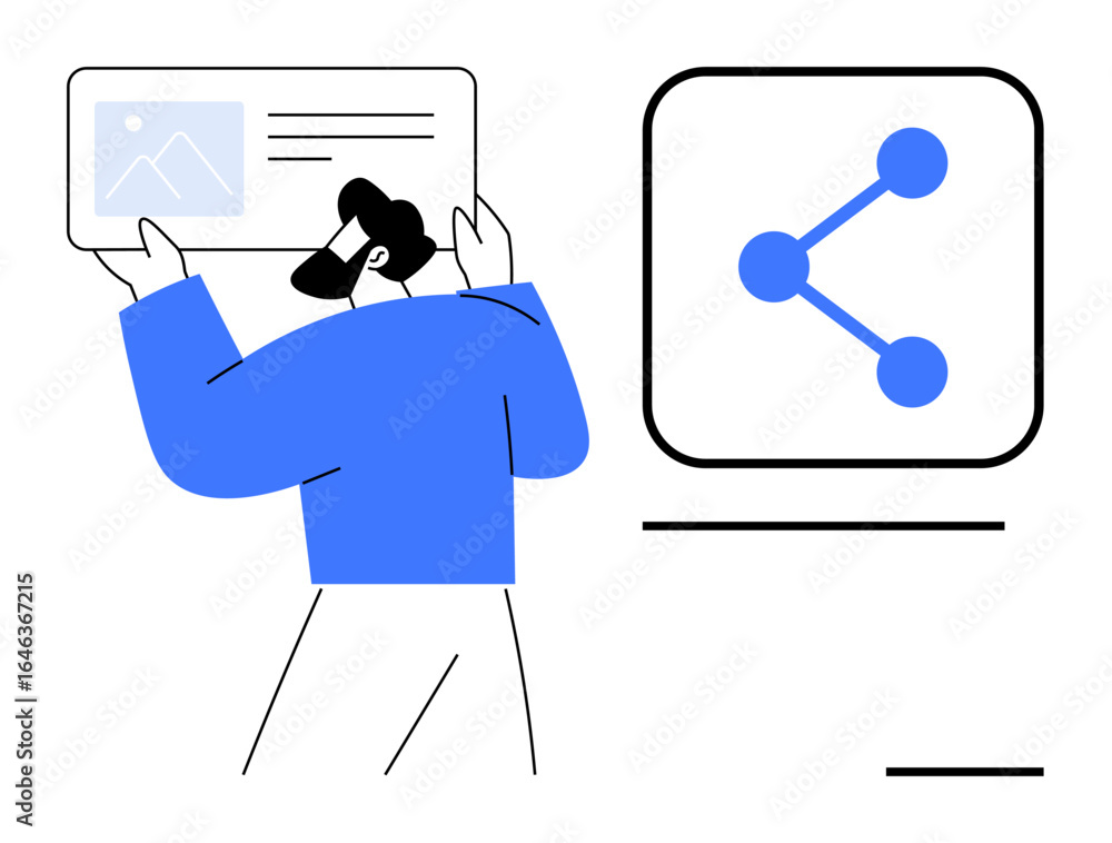 Poster man with abstract features holding content card with image and text. sharing symbol beside him. idea