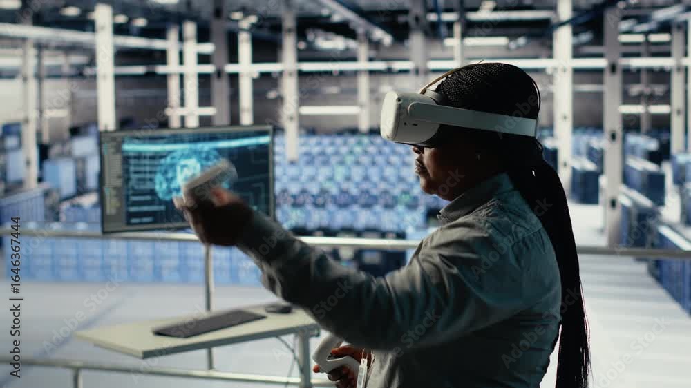 Poster data center it expert investigates ai configurations using virtual reality, making adjustments for o