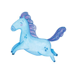 Fototapeta premium A galloping blue horse with a purple mane. Symbol of the new year 2026. Watercolor illustration drawn, cartoon. Drawing for stickers, scrapbooking, postcards. Horse, blue, new year, symbol, mane