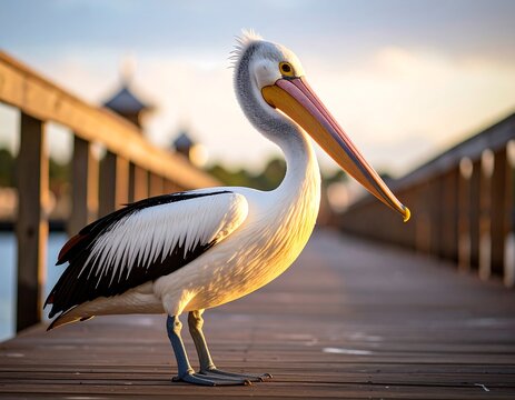 Pelican on a wooden pier at sunset - Powered by Adobe