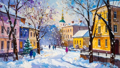 Colorful winter town scene, painted in the style of a classic illustration, showing a snow-covered street lined with buildings of different colors