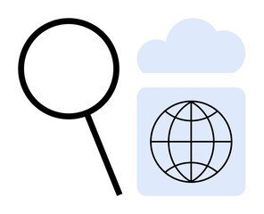Magnifying glass beside cloud with globe icon highlighting internet search, global reach, and cloud storage. Ideal for concepts of tech, analysis, research, data, connectivity, exploration simple