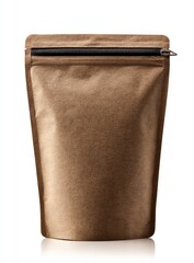 Kraft paper stand-up pouch with a black zipper seal, isolated on a white background, reflecting light subtly
