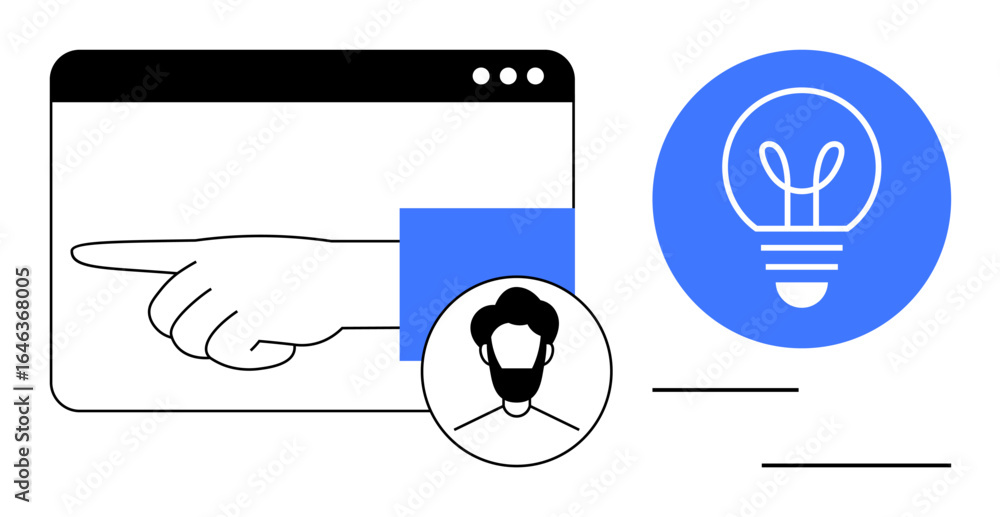 Poster flat vector with a hand pointing toward a glowing light bulb. includes web browser frame and profile