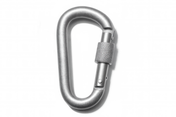 Metallic climbing carabiner with safety lock mechanism, highlighting robust engineering and precision design against clean backdrop