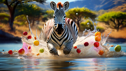 Zebra dashing through water filled with colorful fruit in the African savannah
