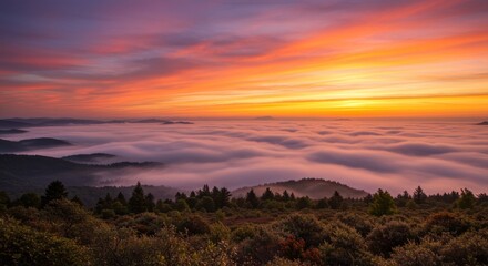Serene mountain landscape at sunrise ocean of clouds below