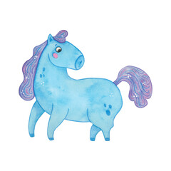 Blue horse standing, cartoon character. Symbol of the new year 2026. Watercolor illustration hand drawn. Drawing template for postcards, stickers, posters, scrapbooking. New Year, Chinese horoscope