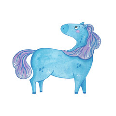 Blue horse with a purple mane. Symbol of the new year 2026. Watercolor illustration drawn, cartoon. Drawing for stickers, scrapbooking, postcards. new year, symbol, animal