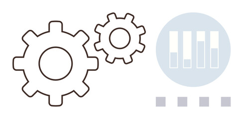 Two interlocked gears accompanied by a bar chart and squares suggest productivity, analysis, systems. Ideal for business, engineering, process, workflow, analytics efficiency operation. Simple flat