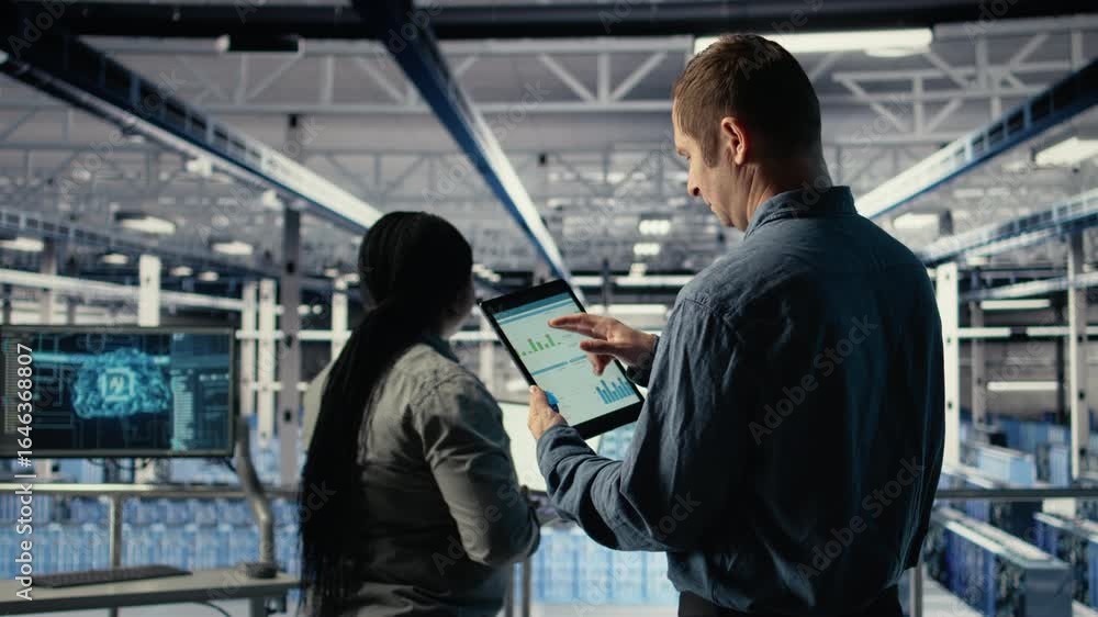 Poster server room it expert swiping on tablet touchscreen to read data charts, monitoring equipment health