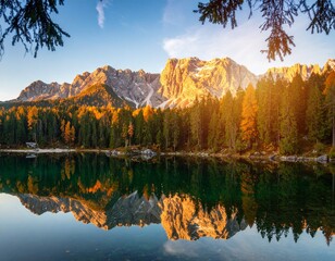 Obraz premium Lake Reflection: A stunning landscape mirrors majestic mountains and verdant forests in serene lake, capturing the essence of peace and natural beauty.