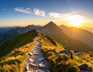 Path to the Horizon: A picturesque mountain range, illuminated by the golden light of the rising sun, reveals a winding stone path inviting viewers on a visual journey.