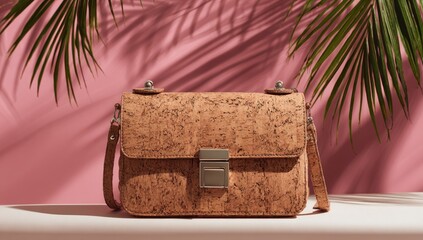 Light brown cork crossbody bag on white surface, framed by palm fronds against a pink backdrop; soft lighting accentuates texture