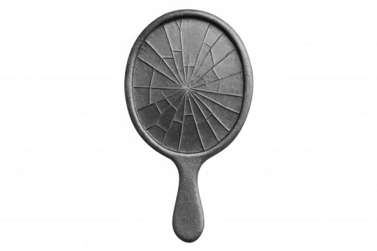 Shattered hand mirror symbolizing broken self-image, distorted perception, and psychological trauma, isolated on transparent background