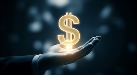 Finance and wealth concept. A cupped hand holds a large, golden holographic dollar or euro sign, representing finance, profit, and wealth.