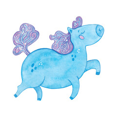 Funny blue horse, cartoon character. Symbol of the new 2026 year. Watercolor illustration drawn by hand. Drawing template for postcards, stickers, posters, scrapbooking. New Year, Chinese horoscope