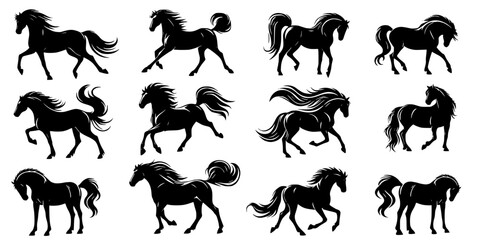 Galloping Grace: Horse Silhouette Series, A striking set of horse silhouettes showcasing dynamic equine poses.