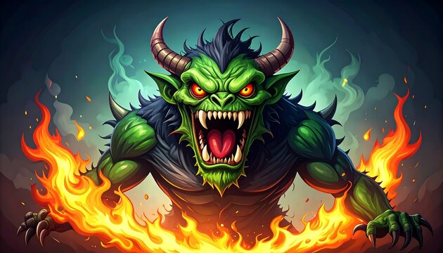 Green demon with fiery aura - Powered by Adobe