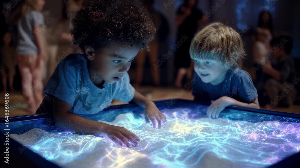Poster medium shot of a small interactive sandbox showing glowing patterns linked to voice instructions foc