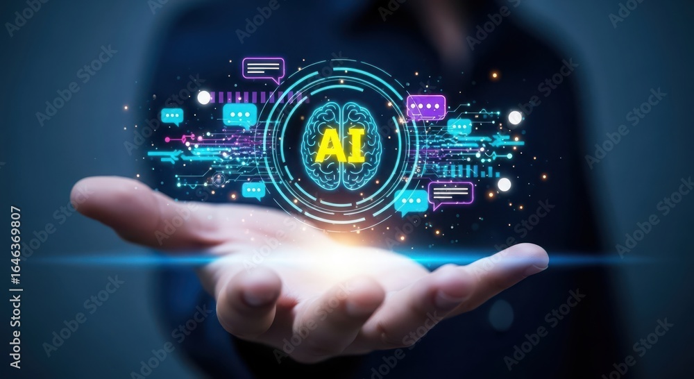 Poster futuristic ai technology hologram projected from an open palm showcasing digital information and dat