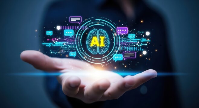 Futuristic ai technology hologram projected from an open palm showcasing digital information and data streams