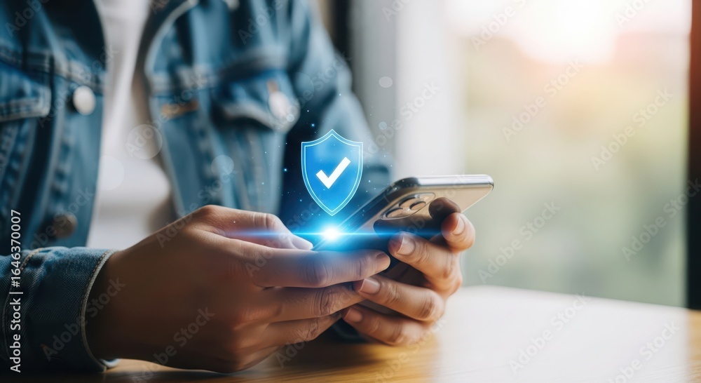 Poster person holding a smartphone with a glowing digital shield and checkmark symbolizing data protection 