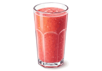 A tall glass filled with a red smoothie possibly strawberry or berrybased casting a subtle shadow on a white surface