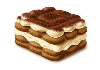 A tiramisu dessert is shown in a layered composition dusted with cocoa powder