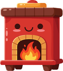 Cute red wood burning stove with fire and smiling face vector illustration for cozy home design 