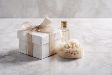 White Gift Box with Loofah and Bottle on Marble Surface