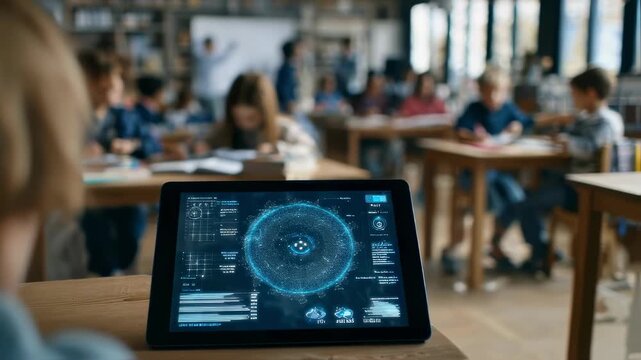 Medium shot capturing AI literacy coach analyzing pupil eyetracking data on a tablet with students softly blurred in background demonstrating immersive literacy session.
