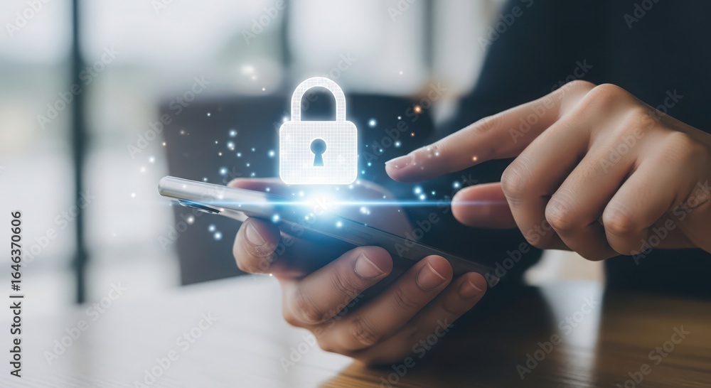 Poster close up of hands using a smartphone with a glowing digital padlock icon symbolizing data protection