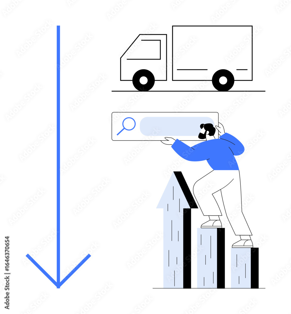 Poster delivery truck at top, man using a search bar while standing on ascending arrows. ideal for logistic
