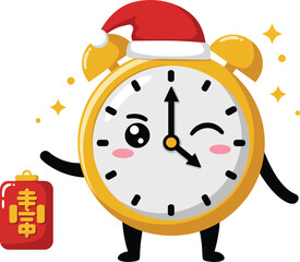 Cute cartoon alarm clock wearing red Christmas Santa hat holding red gift bag vector illustration 