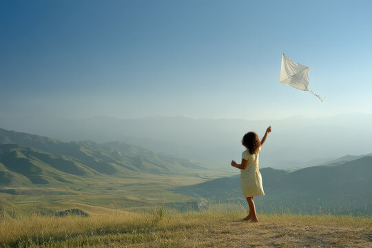 joyful little girl stands on grassy hill passionately flying ultrabright kite against backdrop of rolling green