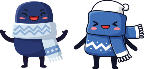 Two happy blue winter characters wearing scarves and a hat in cute cartoon style vector illustration 