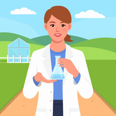 Smiling female scientist in a white lab coat holding an Erlenmeyer flask with blue liquid.