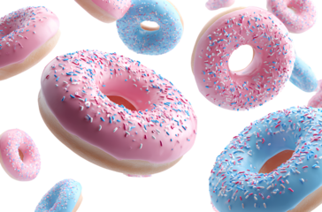 Surreal dynamics, several doughnuts flying in the air with pink and blue icing and sprinkles on a white background,