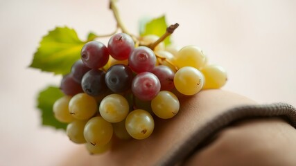 Soft-focus macro of fresh grapes gently placed along the curve of a shoulder, pastel background, shallow depth of field, cropped tightly.