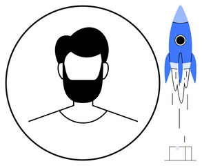 Minimalist man portrait in circle beside a blue rocket launching upward. Ideal for innovation, growth, business success, startup, creative thinking, personal improvement, teamwork. Simple flat