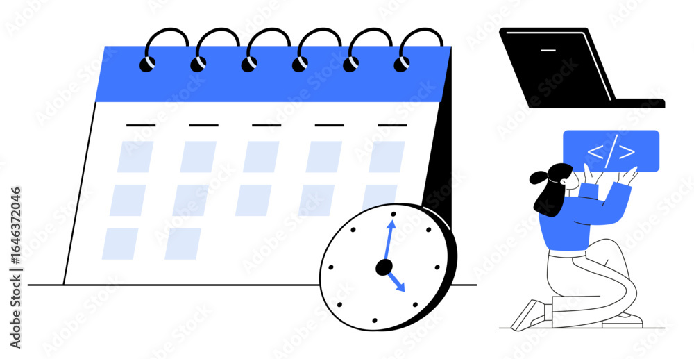 Poster female coder inspecting code on a tablet near a spiral-bound calendar, clock, and laptop. ideal for 
