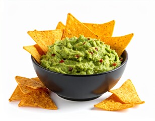Bowl of guacamole with tortilla chips, isolated on white background