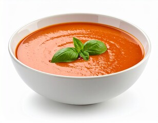 Bowl of creamy tomato soup with basil garnish, isolated on white background