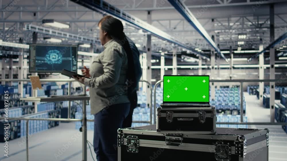 Poster close up of isolated screen laptop in front of data center programmers improving ai rigs processing 