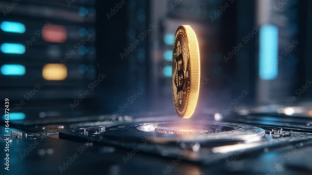 Poster medium shot of a glowing holographic nft token hovering above a blockchain vault device sharp detail