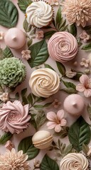 Flatlay of pastel cupcakes, macarons, and flowers arranged on a blush pink background.  Delicate frosting swirls and various floral elements create a sophisticated, feminine aesthetic
