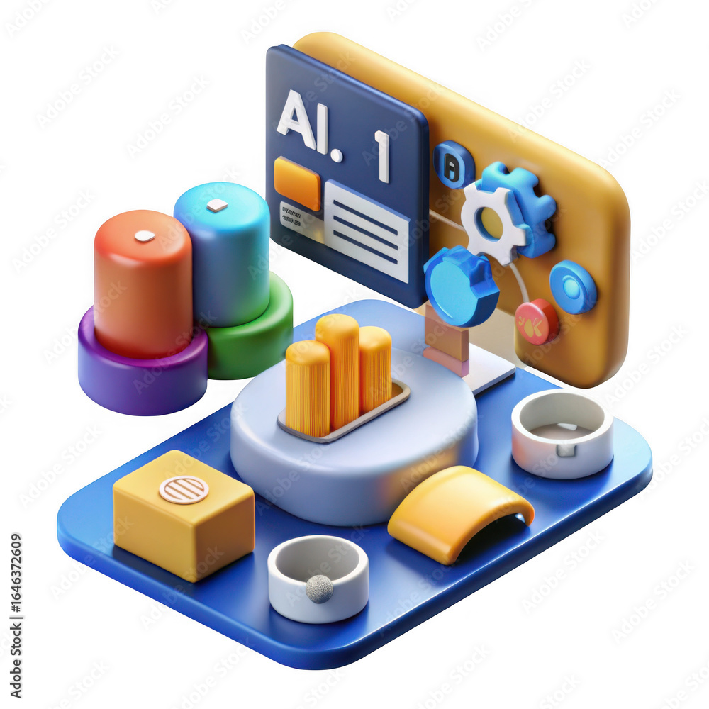 Poster abstract 3d isometric illustration of ai technology and data processing isolated on transparent back