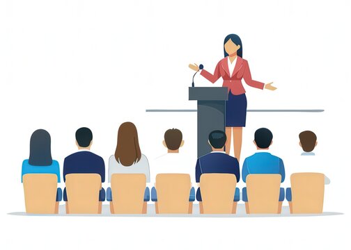 a woman giving a speech to a crowd